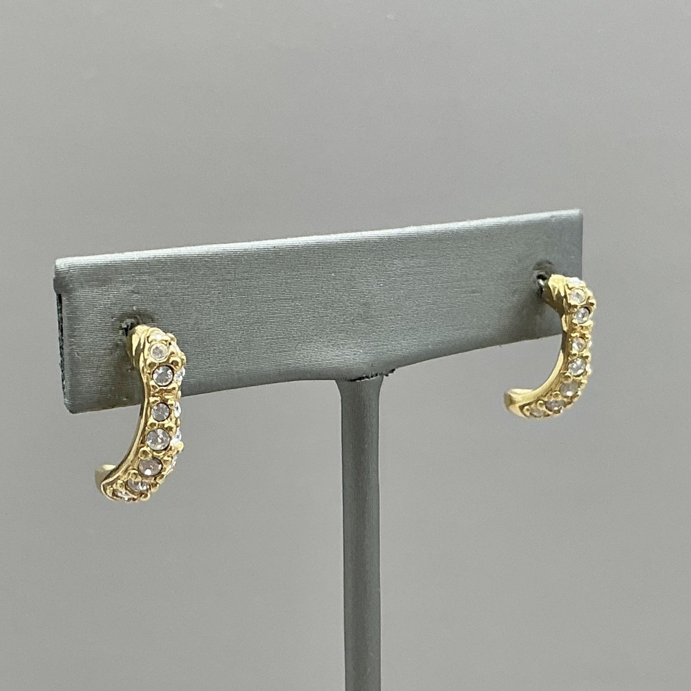 Swarovski Earrings Gold Tone Crystal Curved Half Hoop Stud Pierced Sparkle - Picture 4 of 9